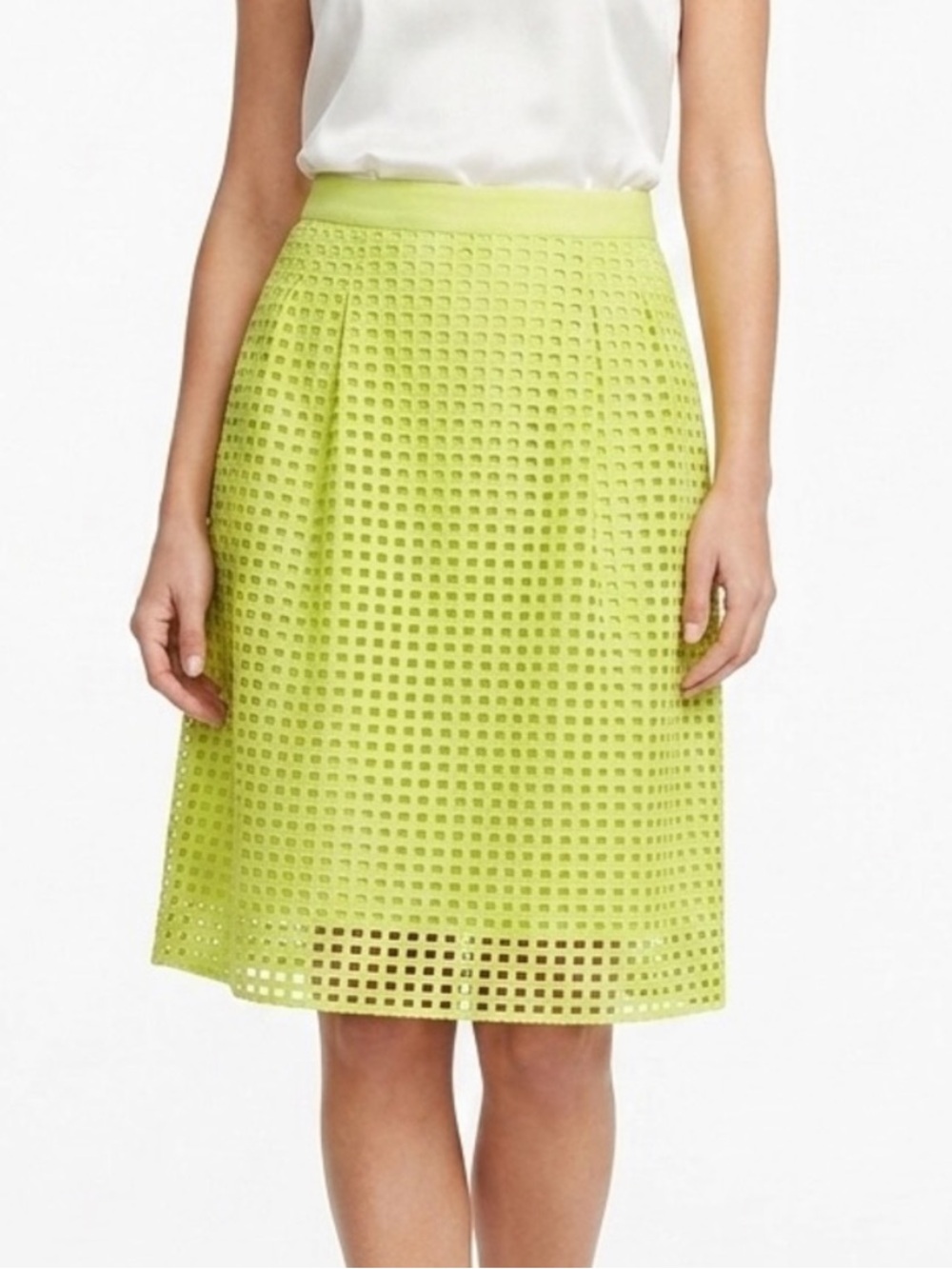 NWT LOFT Chartreuse Eyelet A-Line Cotton Midi Skirt